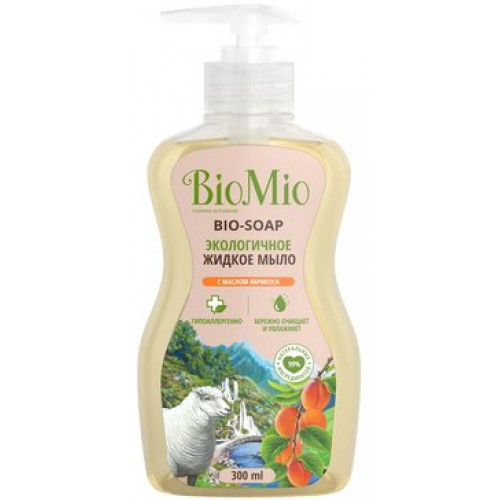 Антибактериальное гипоаллергенное жидкое эко мыло для рук с дозатором BioMio BIO-SOAP Смягчающее, АБРИКОС, 300 мл