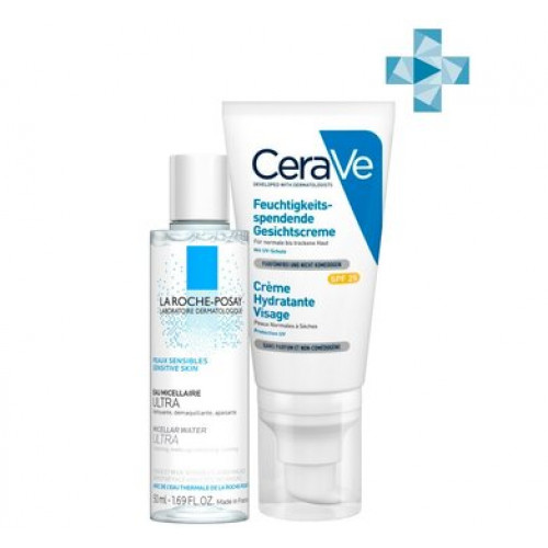 Набор Увлажняющий лосьон CeraVe для нормальной и сухой кожи лица SPF25 52 мл + Мицеллярная вода La Roche-Posay ULTRA для чувствительной кожи 50 мл
