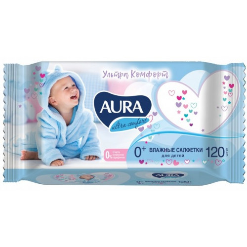 Aura ultra comfort Салфетки влажные детские с алоэ и витамином Е 120 шт